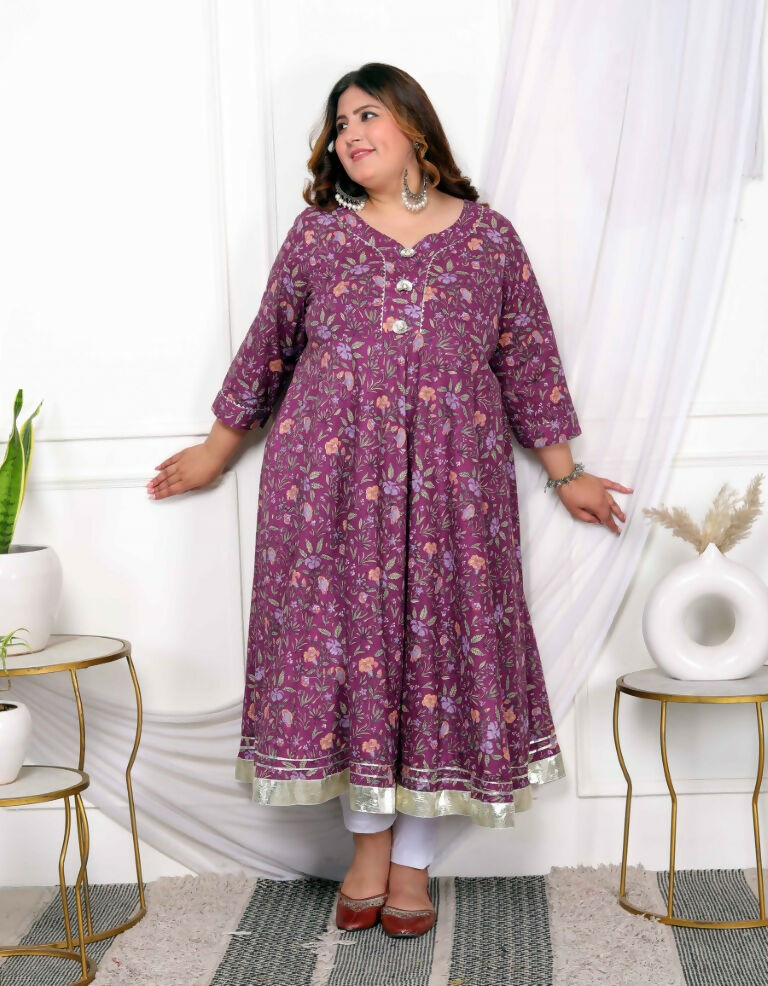 Miravan Women's Plus Size Cotton Gota Patti And Lace Border Details Floral Printed Purple Anarkali Kurta | Grocsy