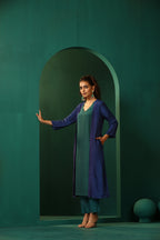 trueBrowns Blue Teal Silk Kurta Jacket Set | Grocsy