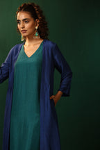 trueBrowns Blue Teal Silk Kurta Jacket Set | Grocsy