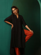 trueBrowns Black Silk High Low Kurta Pant Set | Grocsy