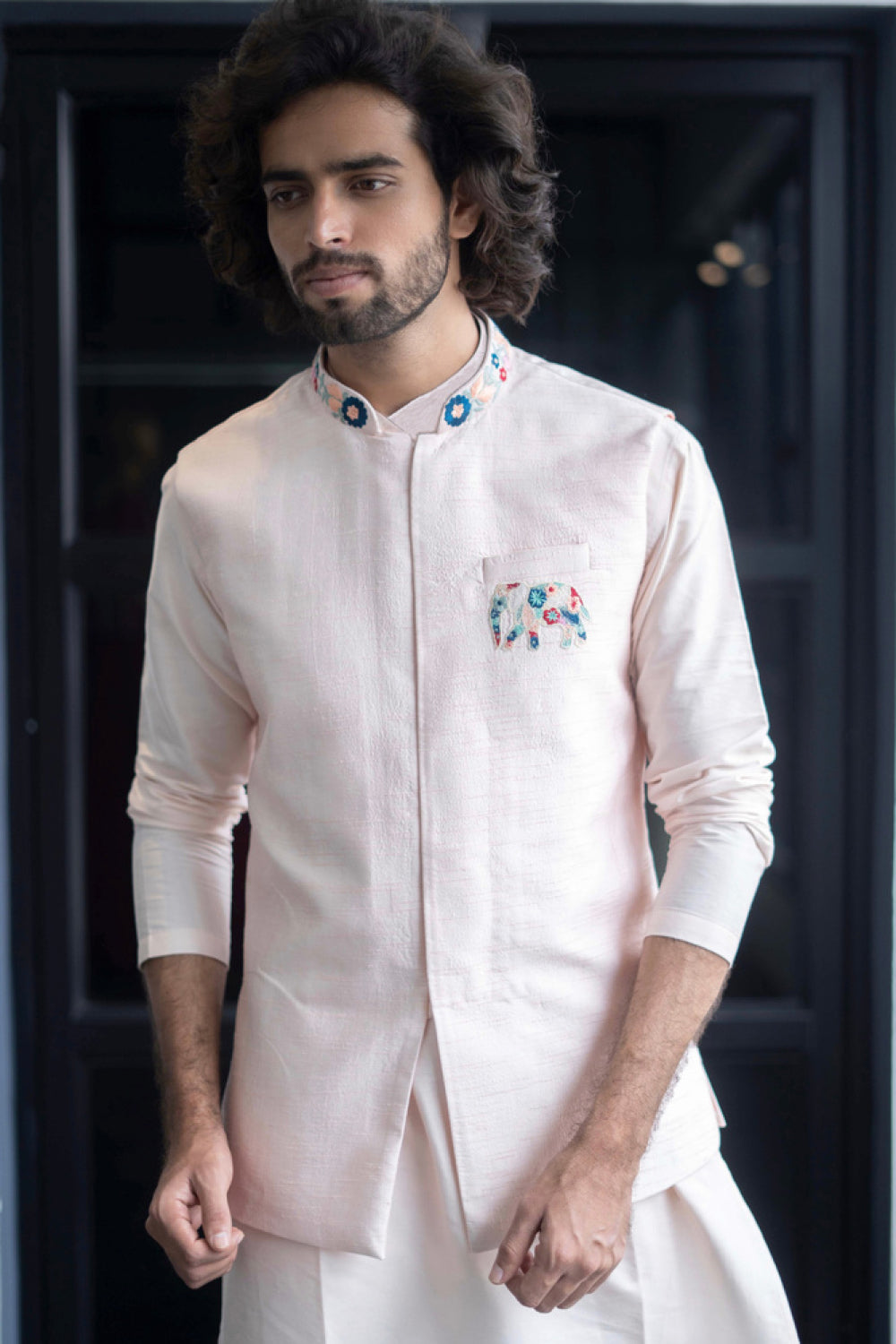Peach Elephant Designer Men's Nehru Jacket by Hilo Design | Grocsy