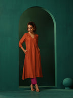 trueBrowns Rust Silk Angrakha Kurta Pant Set | Grocsy