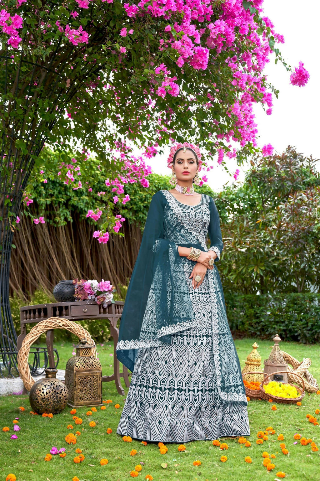 Teal Net Embroidered Semi Stitched Lehenga Choli with Dupatta - Bhagya | Grocsy