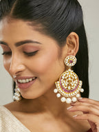Nuyug 22K Gold-Plated Elegant Ruby & Kundan Stone Studded With Pearl Beaded Floral Chandbalis | Grocsy
