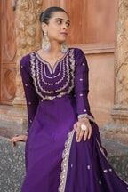 The52 Wine Women's Gorgeous Vichitra Silk Fabric Embroidered Work Flared Anarkali Pant and Dupatta Set | Grocsy