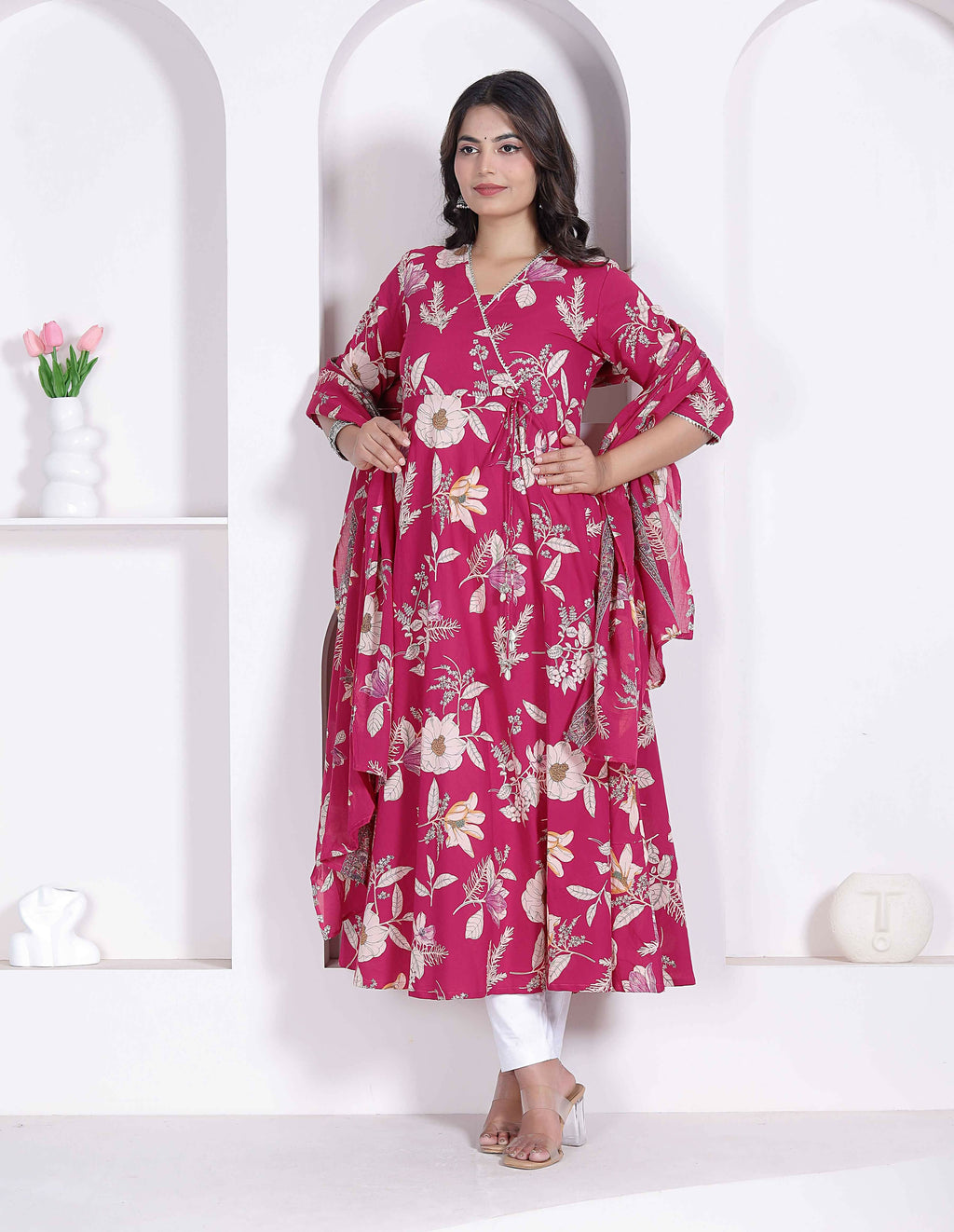 Miravan Womens Pink Floral Printed Angrakha Kurta With Dupatta | Grocsy