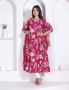 Miravan Womens Pink Floral Printed Angrakha Kurta With Dupatta | Grocsy