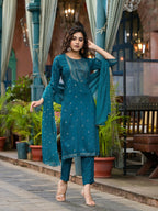 Juniper Women's Blue Ethnic Motif Printed Muslin Kurta Set With Zari Work & Gota Patti | Grocsy
