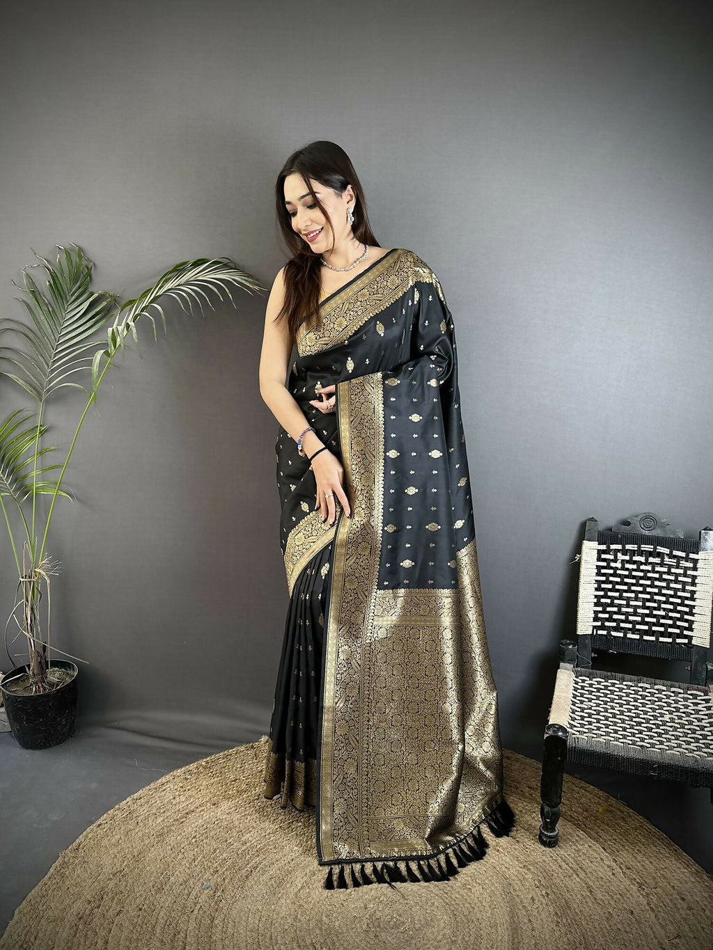 Joban Fashion Black Zari Weaving Motif Lichi Silk Banarasi Silk Saree | Grocsy