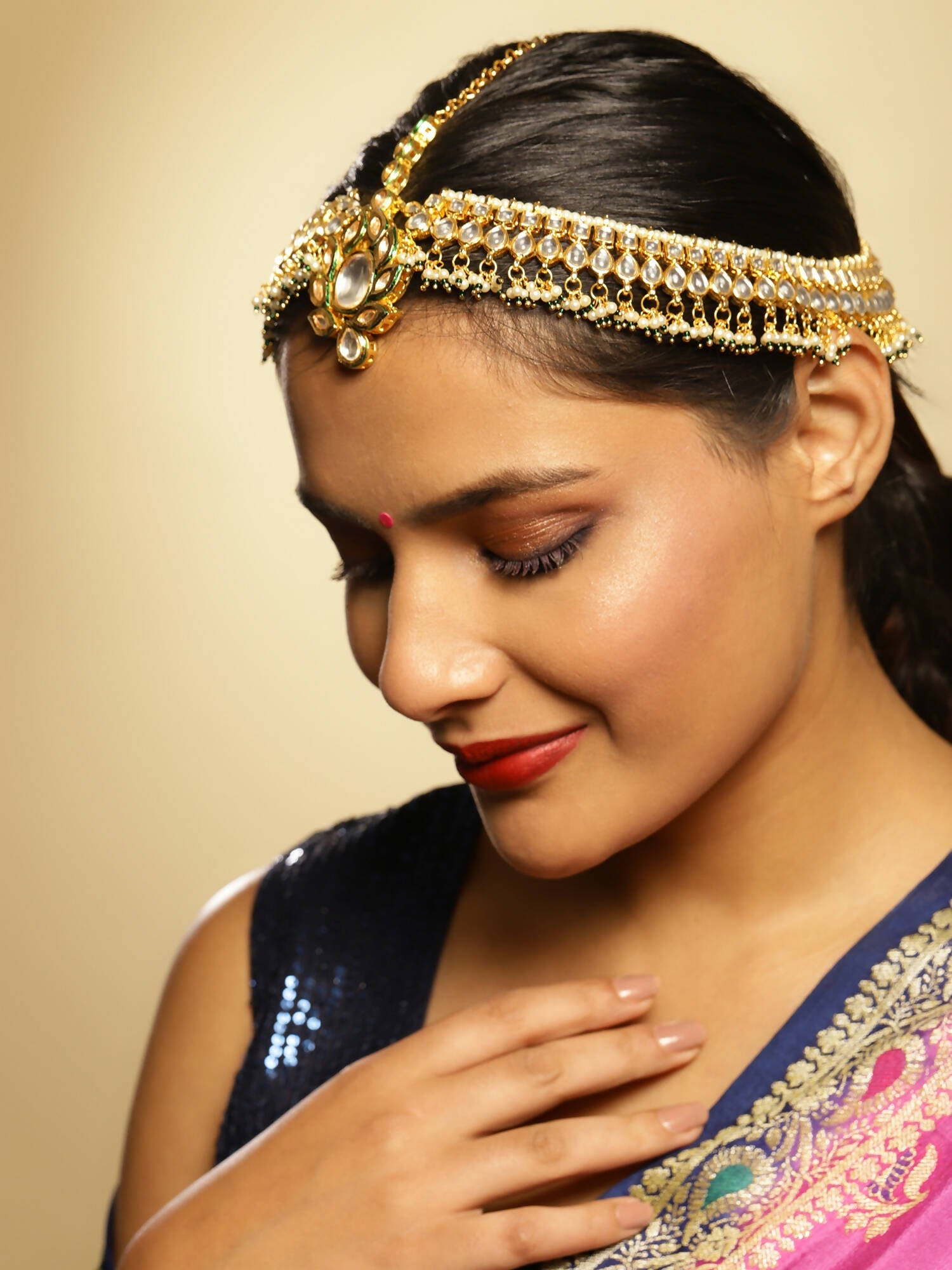 Gold-Polished Green White Kundan-Studded Beaded Matha Patti - Ruby Raang | Grocsy