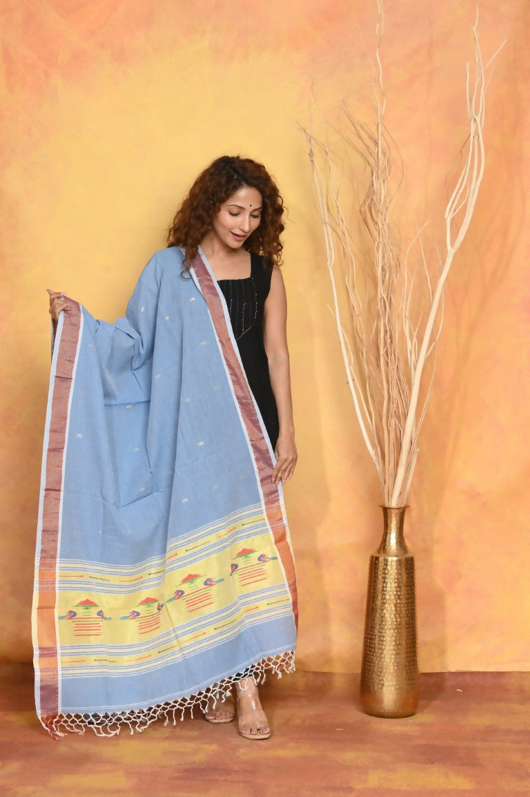 Very Much Indian Handloom Pure Cotton Paithani Dupatta - Powder Blue | Grocsy