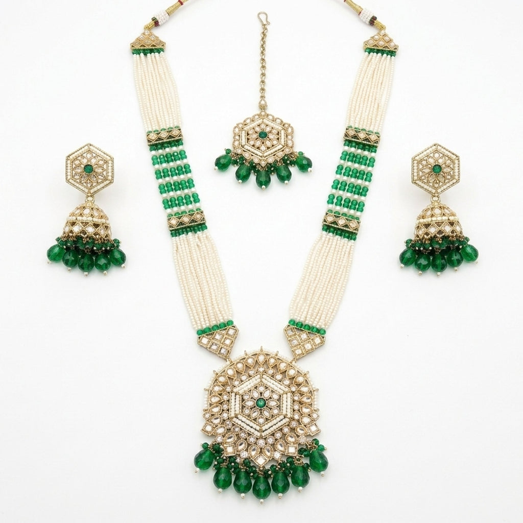 Jewel City Long Pearl Mala Golden Rainbow Diamond Studded Jumkee Tikka Necklace Set | Grocsy