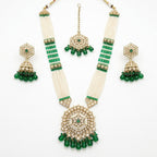 Jewel City Long Pearl Mala Golden Rainbow Diamond Studded Jumkee Tikka Necklace Set | Grocsy