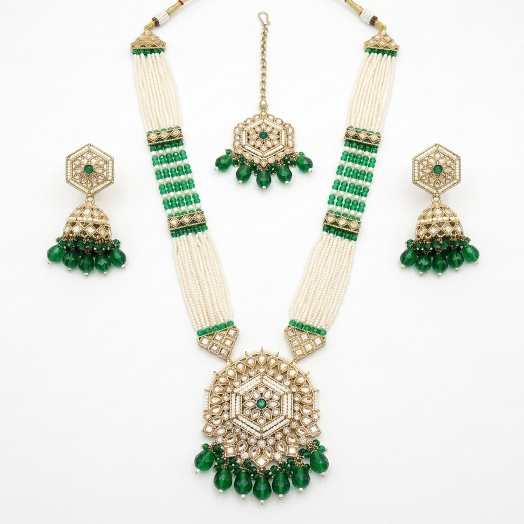 Jewel City Long Pearl Mala Golden Rainbow Diamond Studded Jumkee Tikka Necklace Set | Grocsy