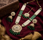 Jewel City Long Pearl Mala Golden Rainbow Diamond Studded Jumkee Tikka Necklace Set | Grocsy