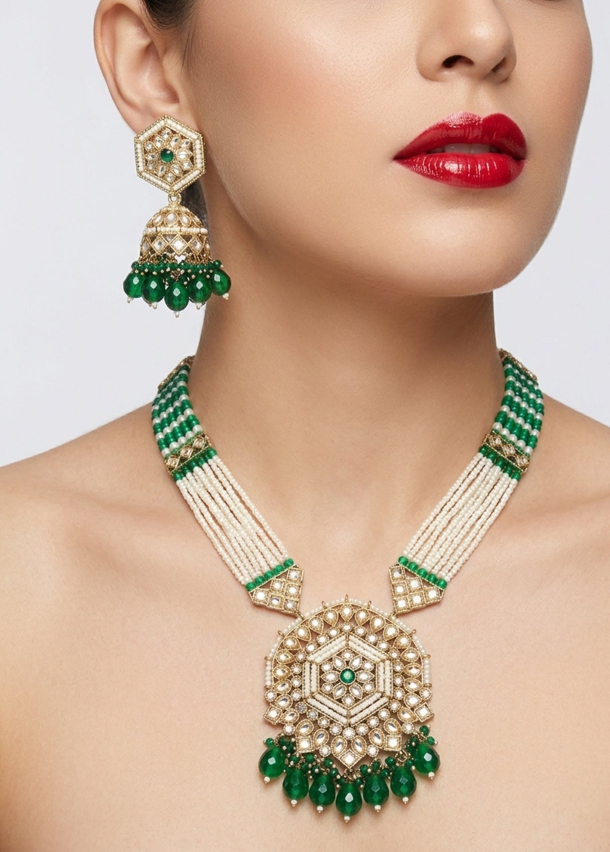 Jewel City Long Pearl Mala Golden Rainbow Diamond Studded Jumkee Tikka Necklace Set | Grocsy
