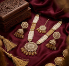 Jewel City Long Pearl Mala Golden Rainbow Diamond Studded Jumkee Tikka Necklace Set | Grocsy
