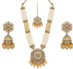 Jewel City Long Pearl Mala Golden Rainbow Diamond Studded Jumkee Tikka Necklace Set | Grocsy