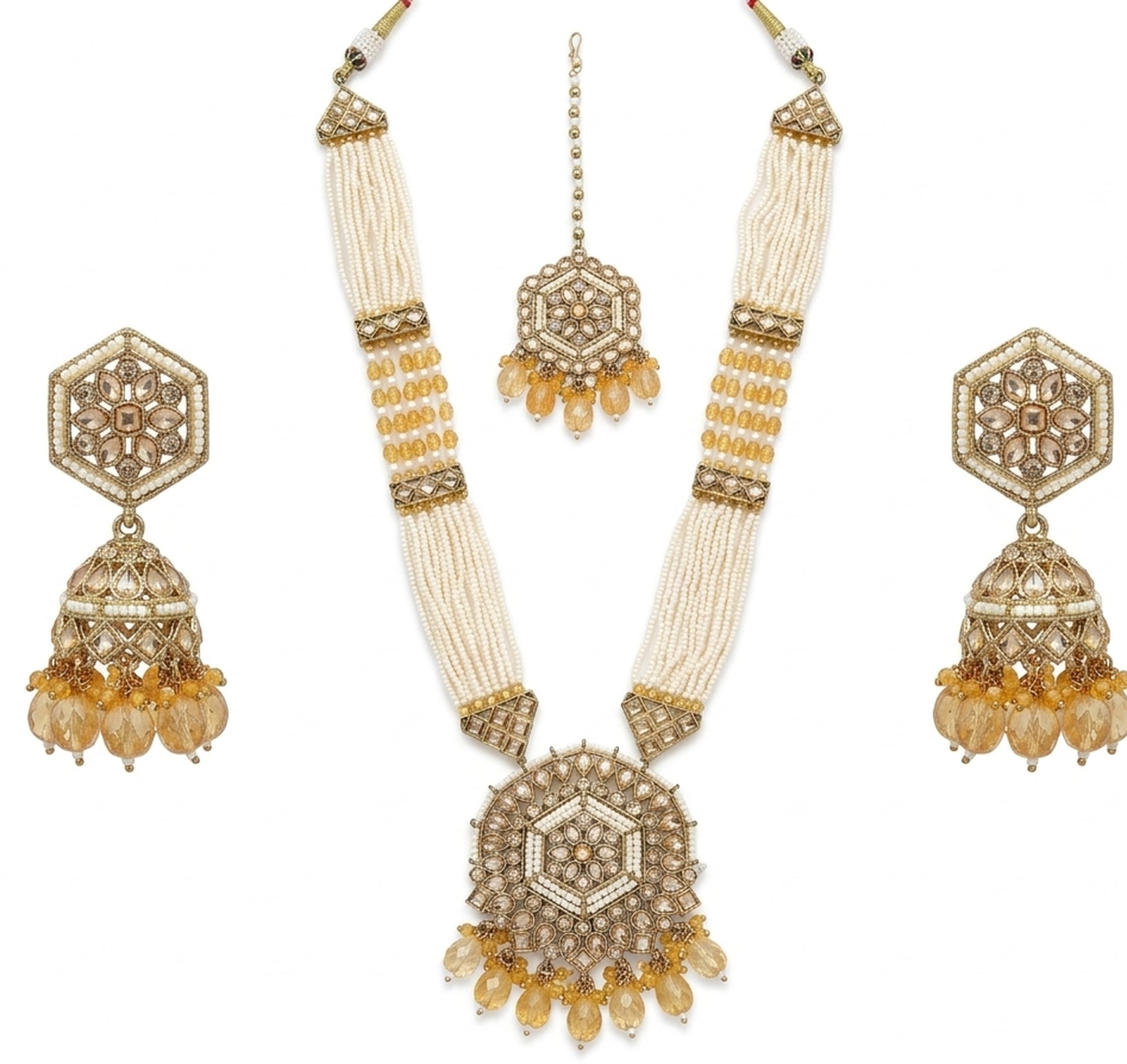 Jewel City Long Pearl Mala Golden Rainbow Diamond Studded Jumkee Tikka Necklace Set | Grocsy