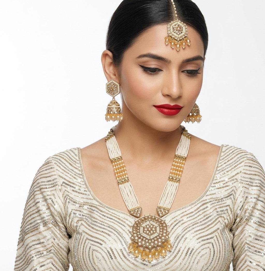 Jewel City Long Pearl Mala Golden Rainbow Diamond Studded Jumkee Tikka Necklace Set | Grocsy