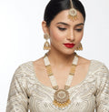 Jewel City Long Pearl Mala Golden Rainbow Diamond Studded Jumkee Tikka Necklace Set | Grocsy