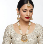 Jewel City Long Pearl Mala Golden Rainbow Diamond Studded Jumkee Tikka Necklace Set | Grocsy