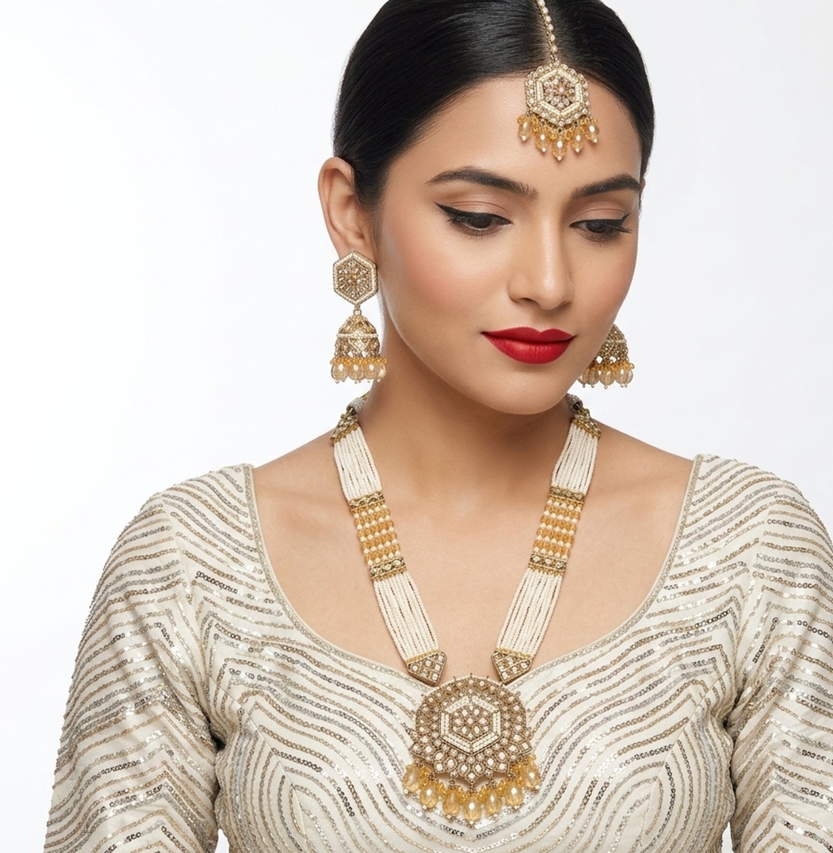 Jewel City Long Pearl Mala Golden Rainbow Diamond Studded Jumkee Tikka Necklace Set | Grocsy