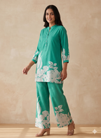 Teeya Creation Stylish Teal Casual Co-ord Set with Floral Print | Grocsy