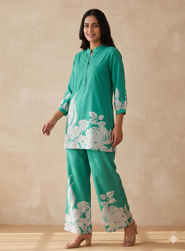 Teeya Creation Stylish Teal Casual Co-ord Set with Floral Print | Grocsy