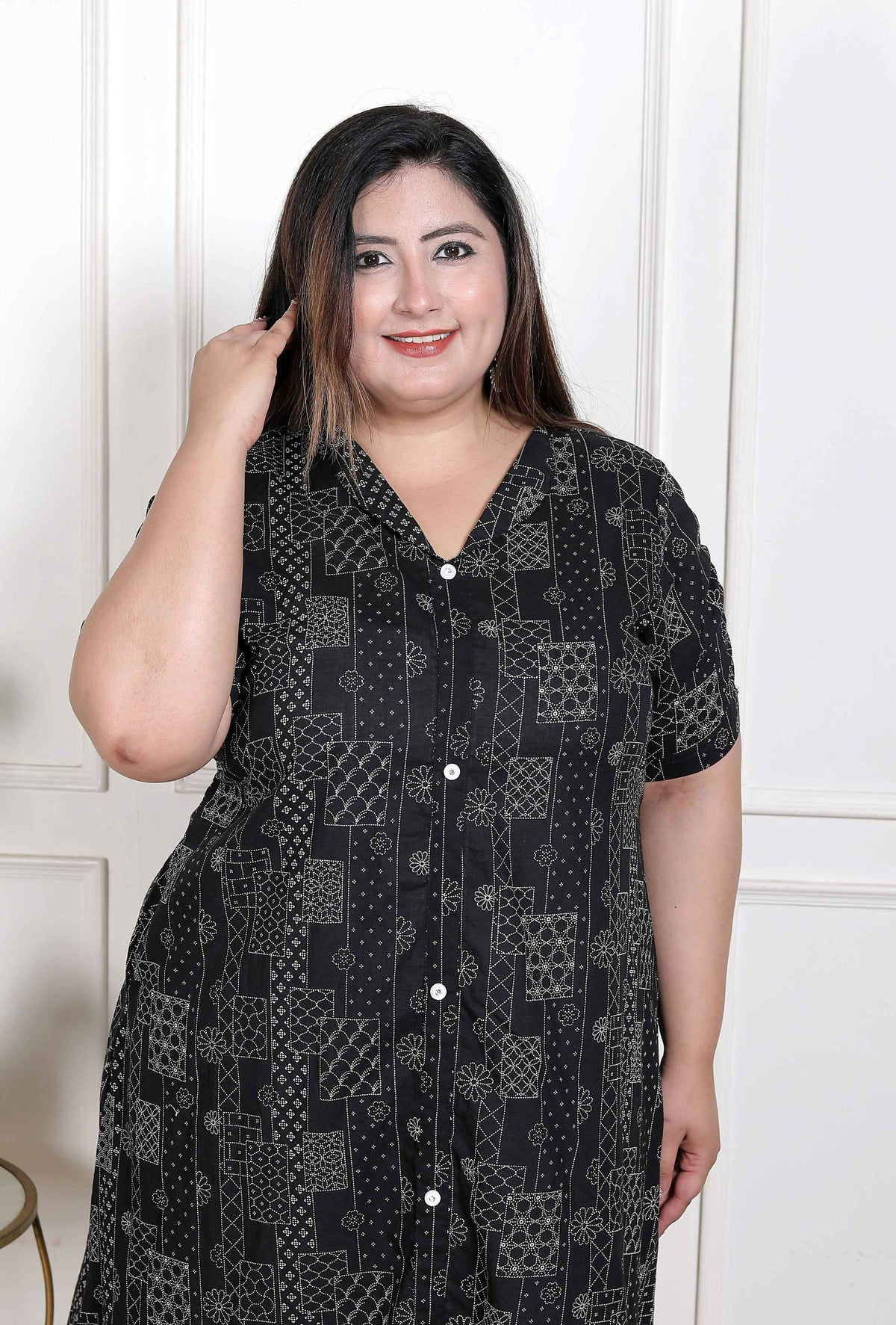 Miravan Women's Plus Size Pure Cotton Black Floral Printed Front Button A-Line Kurta | Grocsy