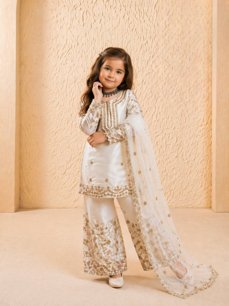 Teeya Creation New Kids Wedding Wear Heavy Embroidery Sequence Work Kurta Sharara Set-White | Grocsy