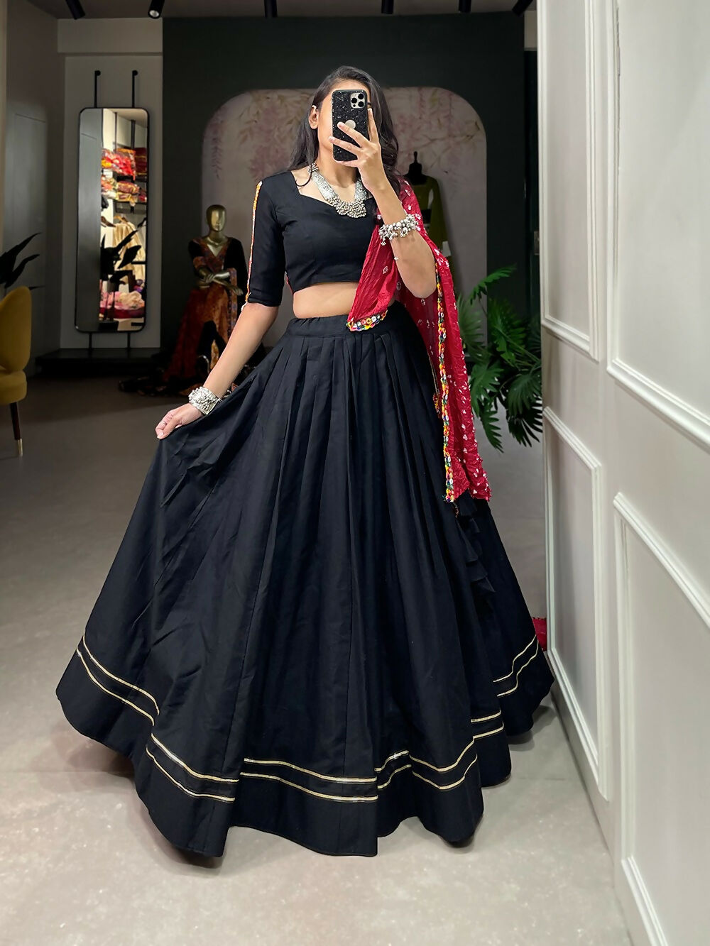 Vastranavya Navaratri Special Pure Cotton Plain With Gotta Patti Touch Up Lehenga Stitched Choli - Black | Grocsy