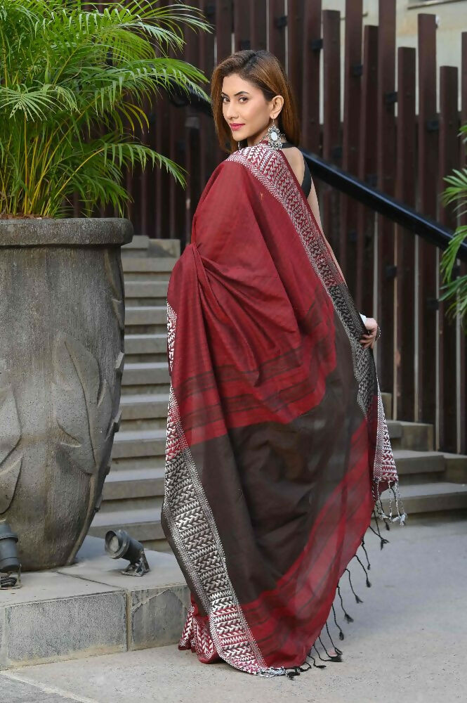 Beatitude Red Cotton Jacqaurd Border Tangail Handloom Saree | Grocsy
