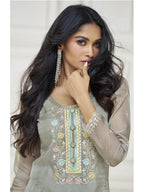 Myra Pastel Grey Organza Silk Embroidered Pant Style Suit | Grocsy