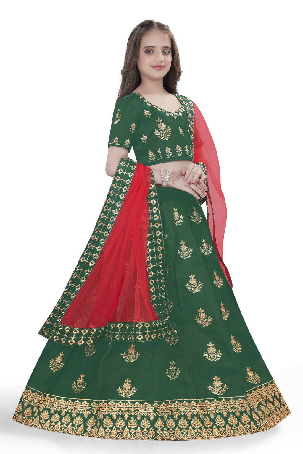 Dwiden Green Kamal Tafetta Sattin Semi-Stitched Girl's Lehenga Choli | Grocsy