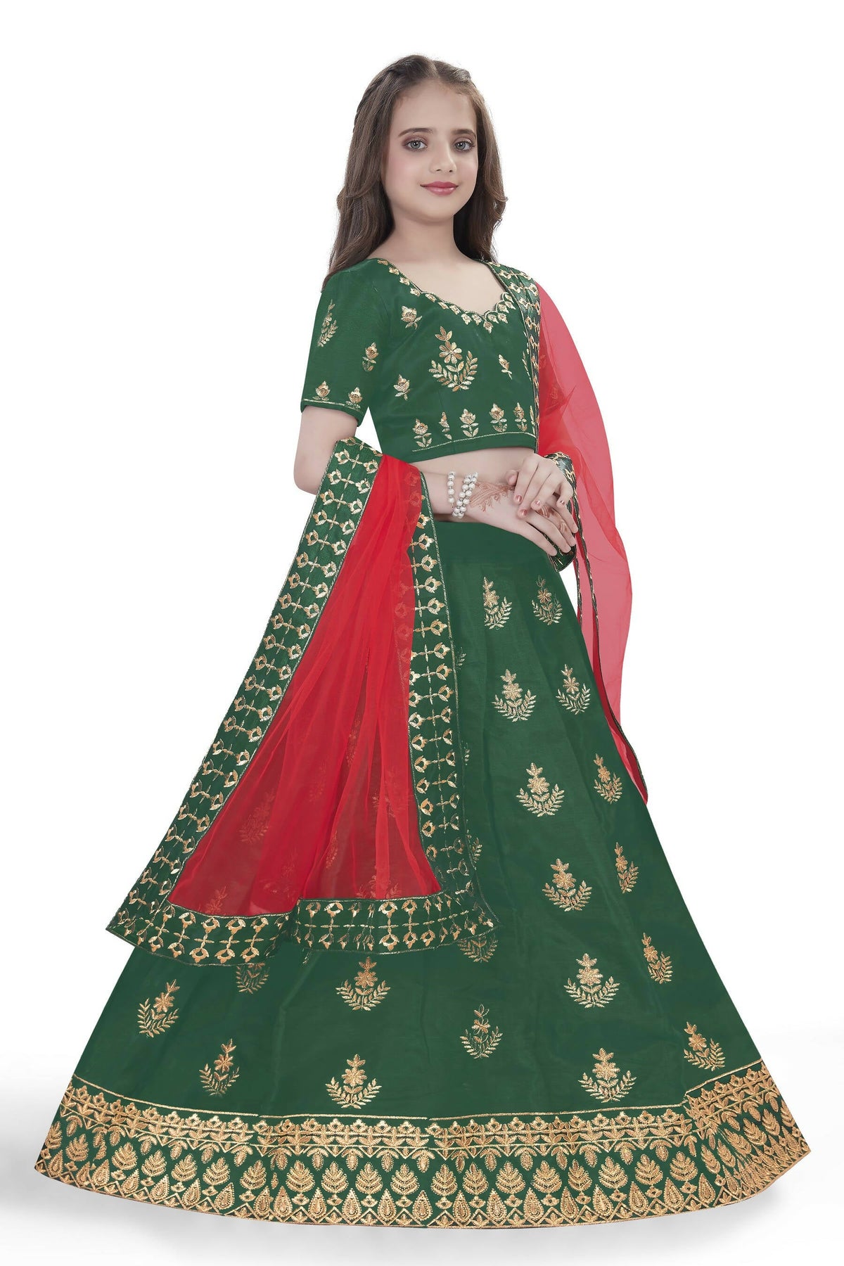 Dwiden Green Kamal Tafetta Sattin Semi-Stitched Girl's Lehenga Choli | Grocsy