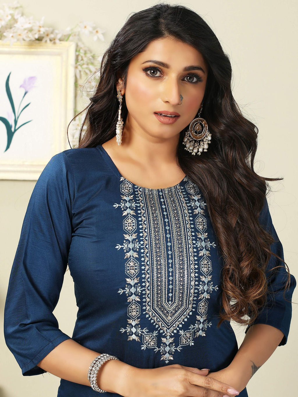 Vamika Chinon Embroidery Blue Party Wear/Casual Wear/Office Wear Kurta Set/Suit | Grocsy
