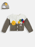 Chutput Kids Woollen Hand Knitted Full Sleeves Balloon Detail Colorblocked Sweater For Baby Boys With Striped Cap - Brown | Grocsy