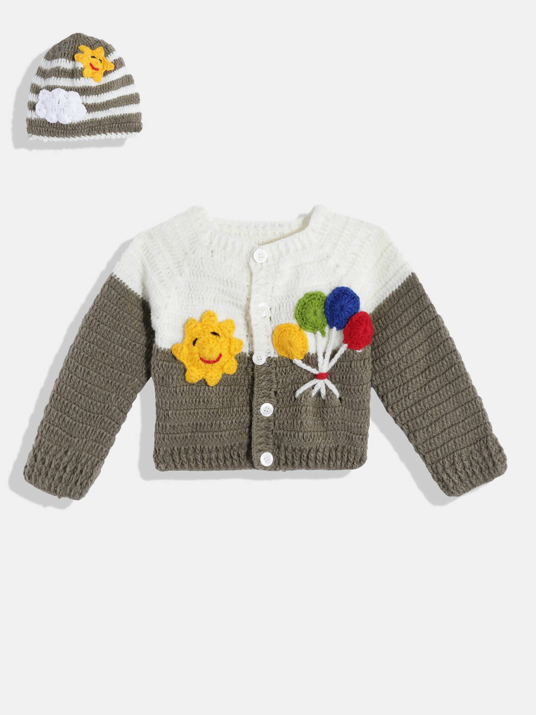 Chutput Kids Woollen Hand Knitted Full Sleeves Balloon Detail Colorblocked Sweater For Baby Boys With Striped Cap - Brown | Grocsy