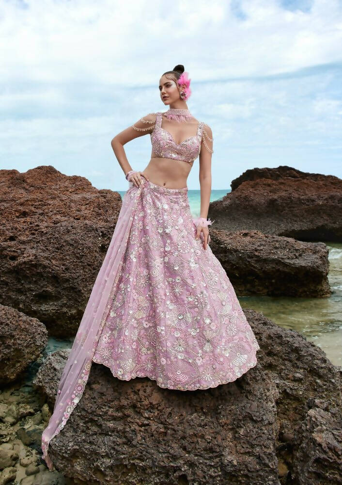 House of Panchhi Mauve Organza Sequins, Zarkan And Thread Embroidery Lehenga Choli & Dupatta | Grocsy