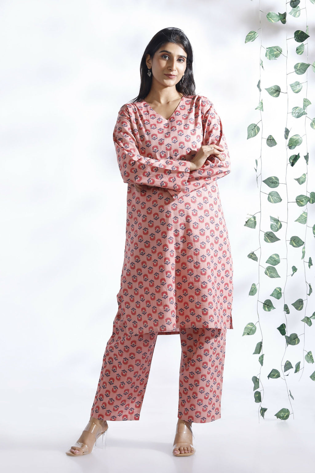 Breathables Women’S Loungewear Long Kurta Co-Ord Set Cotton Pink Indian Motif Butta Print | Grocsy