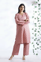 Breathables Women’S Loungewear Long Kurta Co-Ord Set Cotton Pink Indian Motif Butta Print | Grocsy