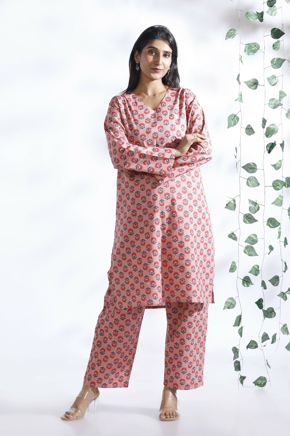 Breathables Women’S Loungewear Long Kurta Co-Ord Set Cotton Pink Indian Motif Butta Print | Grocsy