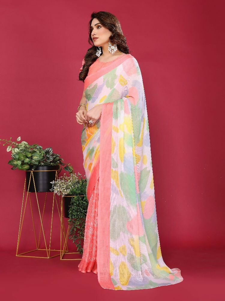 PR Fashion Peach Moss Chiffon Printed Saree | Grocsy
