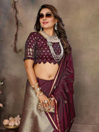 Joban Fashion Maroon Floral & Botanical Motifs Satin Silk Banarasi Silk Saree | Grocsy