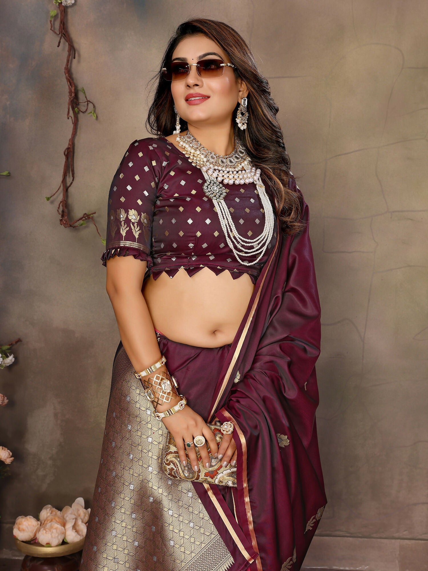 Joban Fashion Maroon Floral & Botanical Motifs Satin Silk Banarasi Silk Saree | Grocsy