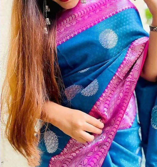 DEIANA'S Beautiful Designer Golden zari Soft Lichi Silk Saree - Blue | Grocsy