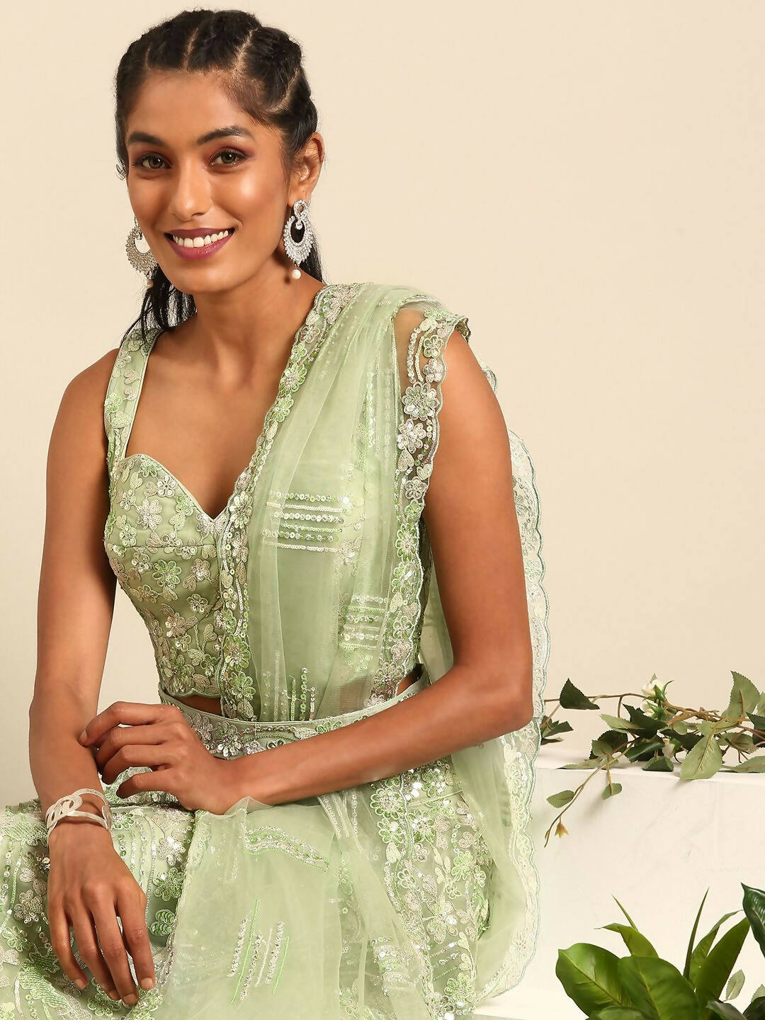 House of Panchhi Lime Green Net Sequins and Zarkan embroidery Lehenga choli & Dupatta | Grocsy