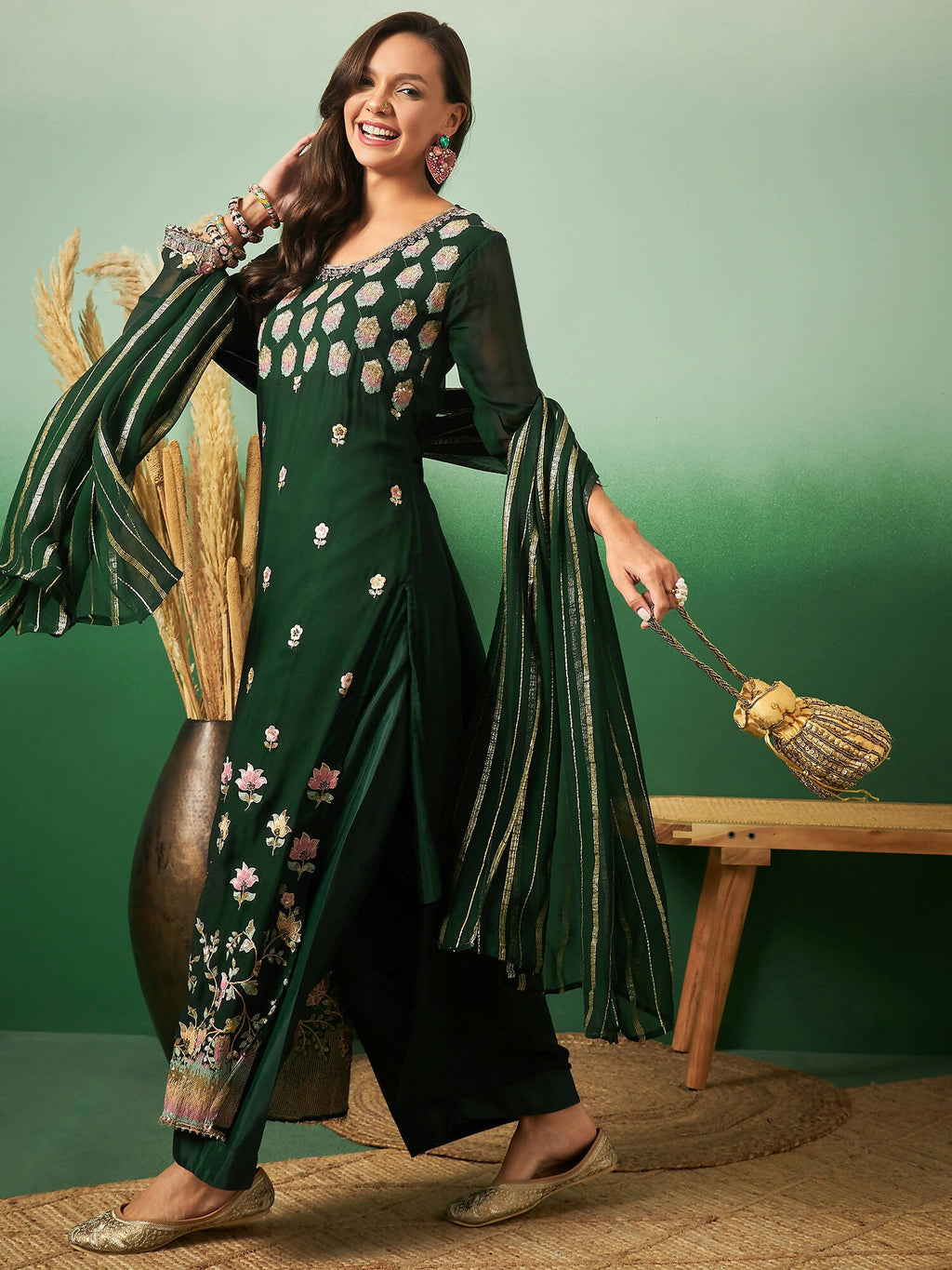 Green Georgette Handwork Unstitched Dress Material - Hanika | Grocsy