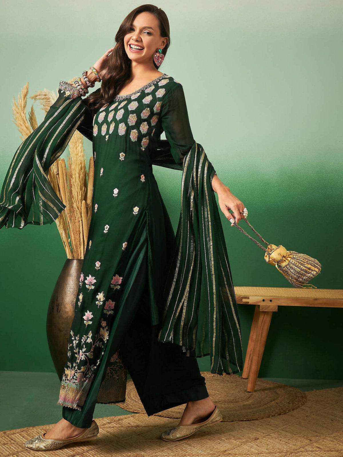 Green Georgette Handwork Unstitched Dress Material - Hanika | Grocsy